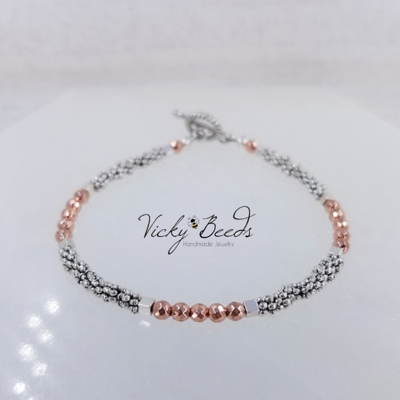 Ladies Two Tone Beaded Gemstone Toggle Bracelet - Picture 8 of 8